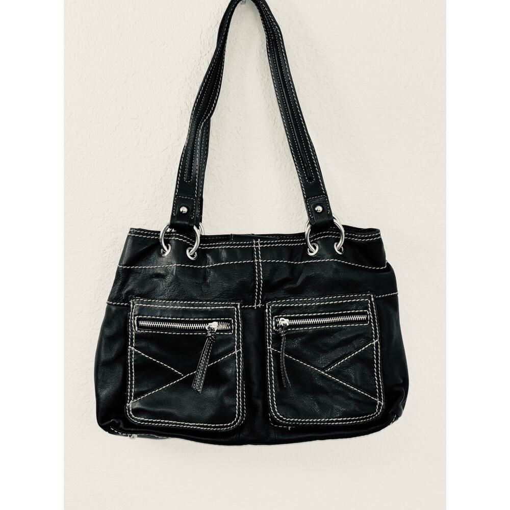 Tignanello Black Leather Multi-Pocket Dual Strap Contrast Stitching Shoulder Bag